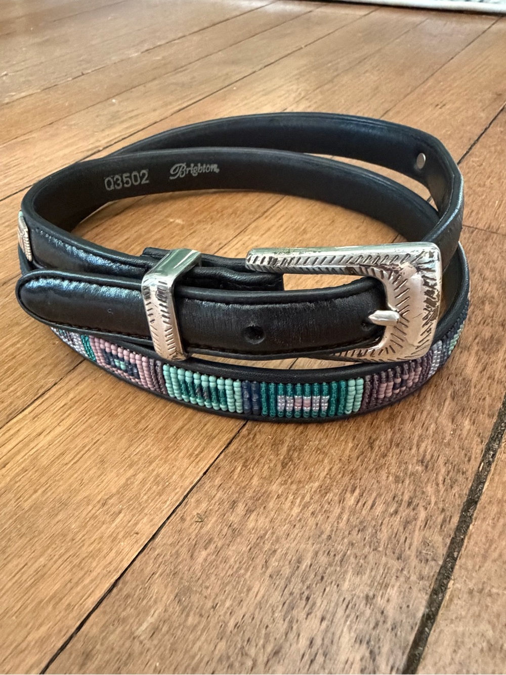 VTG 80s Brighton Black Leather Slim Western Beaded Belt XL